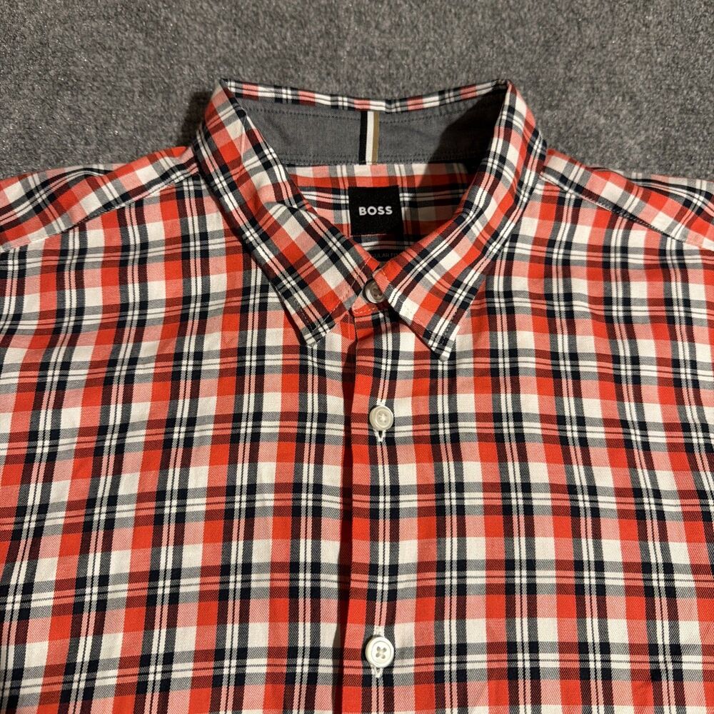 BOSS Shirt Mens Xl Red Red Plaid Button Front Long Sleeve Regular Fit Casual